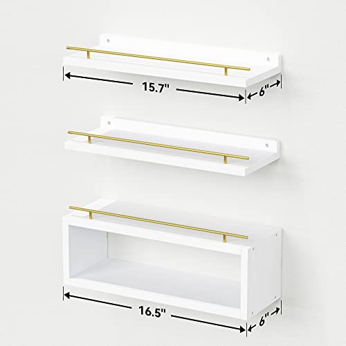 WOPITUES Floating Shelves for Wall with Cube Shelf, Wall Shelves with Metal Rail for Decor, Bathroom Organizers and Storage, Over Toilet Shelves for Bathroom, Toilet Paper-White&Gold - color: Gold & White, size: 15.7 inch