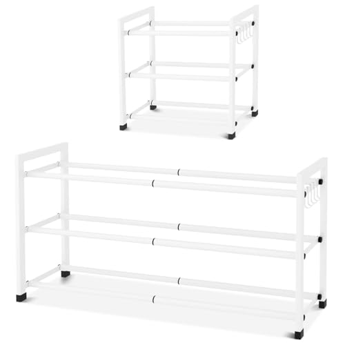 Expandable Shoe Rack for Closet Adjustable Metal Shoe Rack for Entryway 18.5"-33" Free Standing Shoe Organizer 12 Pairs with Hooks 3-Tier Small Shoe Shelf for Bedroom Garage Dorm Floor, White - color: White