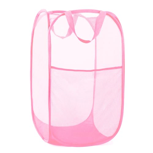 Durable Collapsible Laundry Baskets - Reinforced Mesh Pop Up Laundry Hamper with Side Pocket, Foldable Clothes Storage Hamper with Carry Handles for Laundry, Bathroom, Kids Room, Dorm or Travel Pink - color: Pink, size: Pop Vertical