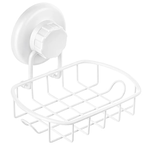 HASKO Suction Cup Soap Dish for Shower Wall, Rustproof Stainless Steel, Shower Soap Holder with Hooks for Bathroom, Includes Optional No Drill Adhesive Mount and Soap Saver, White - color: White
