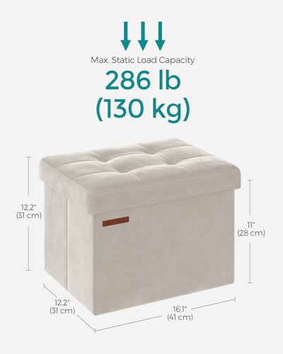SONGMICS Storage Ottoman, Foldable Small Ottoman Foot Rest, 12.2 x 16.1 Inches Foot Stool, OAD up to 286 lb, for Living Room, Bedroom, Dorm, Cream White ULSF200W01 - color: Cream White, style: Velvet