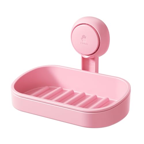 LEVERLOC Soap Dish Holder for Shower Suction Cup Wall Mounted Self Draining NO-Drilling Removable Bar Soap Sponge Holder for Bathroom Bathtub Kitchen Sink Waterproof Strong Vacuum Suction, Pink - style: 1 tier Pink