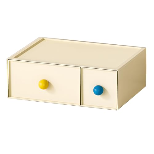 Desktop Storage Drawers, Plastic Desk Organizer with 2 Drawers, Modular Stackable Toolbox Units for Office Stationary, Makeup Container, Bathroom Countertop (1 Tall Layer, Cream) - color: 1 Tall Layer & 2 Drawers, Cream