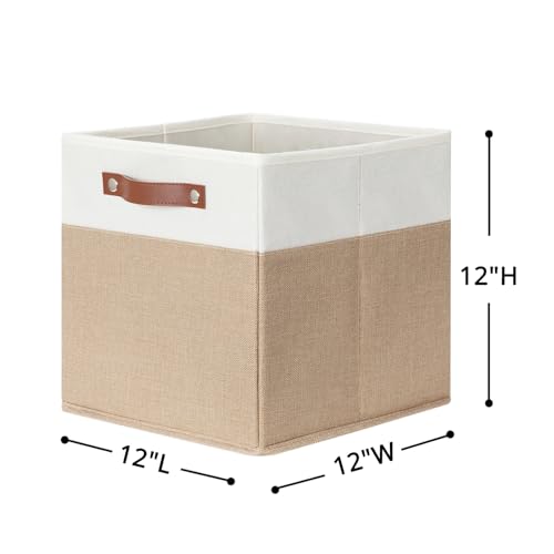 HNZIGE Fabric Storage Cubes, Cube Storage Bins 12 x 12, Set of 4, Decorative Storage Baskets for Shelves with Handles,Foldable Bins for Cube Shelf Organizer Home Toy Nursery Closet(Beige White) - color: Beige White, size: 12"x12"x12"-4pack