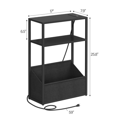 TUTOTAK Narrow Side Table, Small End Table with Charging Station, Nightstand with Fabric Basket, Bedside Table for Small Space, Livingroom, Bedroom Black TB01BK095 - color: Black