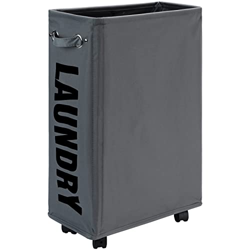 DOKEHOM 25-Inches Slim Laundry Basket on Wheels, Collapsible Rolling Laundry Hamper, Foldable Narrow Corner Clothes Storage Bins (Dark Grey) - color: Dark Grey/M, size: Slim Plus 25"