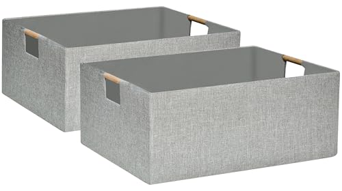 Collapsible Storage Box for Women - Foldable Home Organizer 16.9x12.5x7Inches with Wooden Handles | Closet, Bathroom & Kids Room Storage | Heavy-Duty Linen Fabric 2Pack - color: Light gray