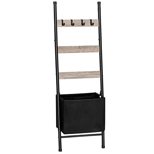 HOOBRO Blanket Ladder with Basket, 17.3”L x 63.4”H, Towel Rack with Hooks, Blanket Holder Rack, Decorative Ladder Shelf, Drying and Display Rack for Bathroom, Living Room, Greige BG31CJ01 - color: Greige + Black