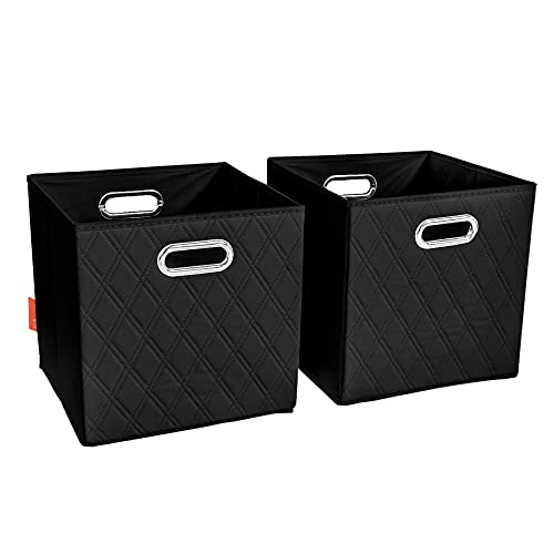 FH Group JIAessentials 11" Faux Leather Foldable Storage Cube Bins Set of 2 – Black Diamond Patterned Organizers with Handles for Closet & Shelves - color: Black, size: Small