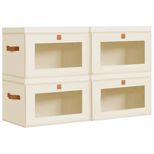 Homsorout Large Storage Bins with Lids - Fabric Collapsible Closet Storage Organizer with Window & Handles, Stackable Decorative Storage Boxes for Clothes, Blankets, Sweaters, 4 Pack, Beige - color: Beige, size: 4 Pack