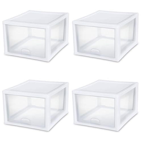 Sterilite 12-Pack 27 Quart Stacking Drawer, Clear Storage Closet Organizer, White Frame - Stackable Modular Plastic Drawers for Clothes, Accessories, Craft Supplies, Shoes or Linens - size: 27 Quart, style: 12 Pack