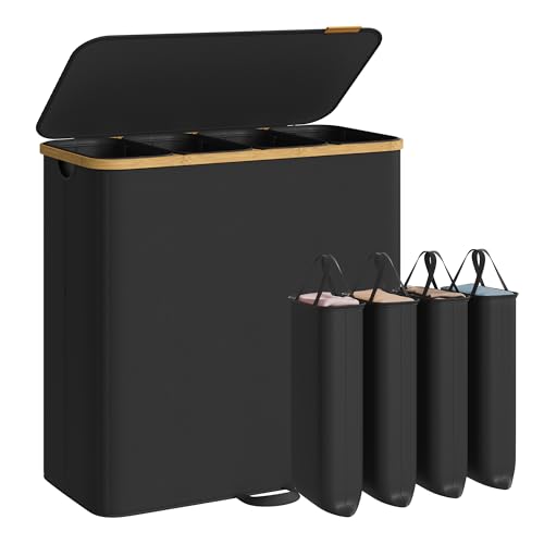 SONGMICS Laundry Hamper, Laundry Sorter with Lid, Storage Basket Bin, Removable Liners, Bamboo Frame, for Bedroom, 4 Sections, 59.4 Gallon (225 L), Ink Black ULCB534BH01 - color: Ink Black, size: 225 L (4-Section)