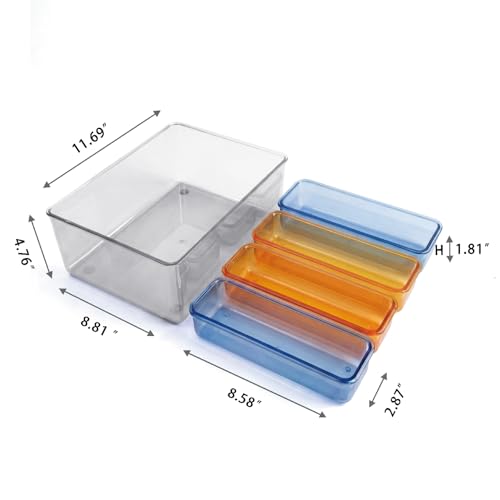 MOSSRIVER 5 Pack Clear Drawer Organizer Set, Plastic Desk Organizer Bin with Lid & Trays, Colorful Storage Box with Removable Trays for Cosmetics, Jewelry, Bedroom, Bathroom, Office, Combo 08 - color: Color 08