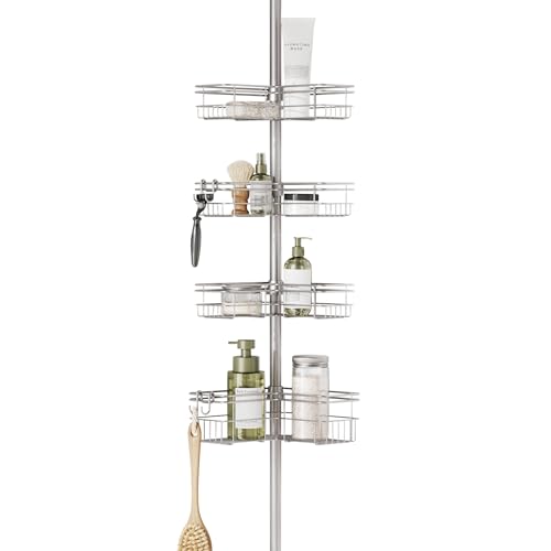 Zenna Home Tension Pole Shower Caddy Corner Organizer, Adjustable Standing Shower Caddy with 4 L-shaped Baskets and Hooks, Rust Resistant Bathroom Tension Rod Organizer, 60 to 97 Inch, Satin Nickel - color: Satin Nickel