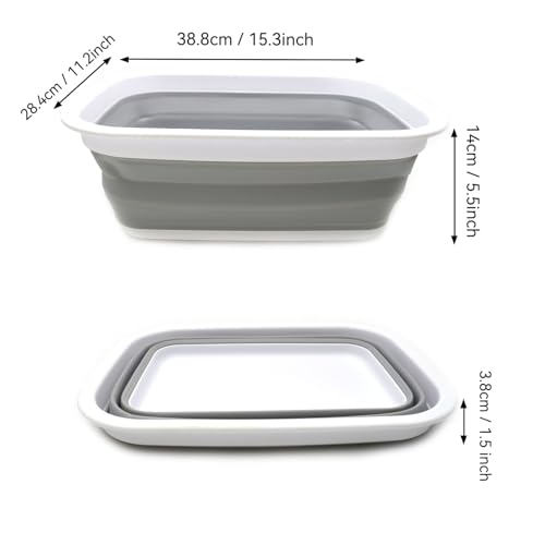 SAMMART 9.2L (2.37Gallon) Collapsible Wash Basin - Foldable Outdoor Picnic Basket - Portable Plastic Tub - Space Saving Storage Container with Size : 15.3 x 11.2 x 5.5/1.5" (M, Gray) - color: Gray