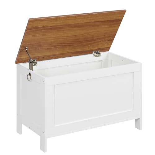 HOOBRO Toy Box, Retro Wooden Look Storage Chest with Safety Hinge, Entryway Storage Bench Supports 220 lb, 29.9 x 15.7 x 18.9 Inches Toy Chest Organizer, Easy Assembly (White and Walnut) WH75CW01G1 - color: White + Walnut, size: 29.9x15.7x18.9 Inch