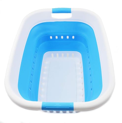 SAMMART 37L (9.77 gallon) Collapsible Plastic Laundry Basket - Foldable Pop Up Storage Container/Organizer - Space Saving Hamper/Basket (1, White/Marine Blue) - color: White/Marine Blue