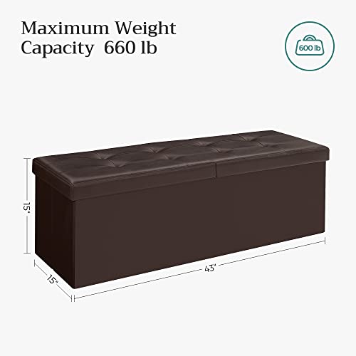 SONGMICS MAZIE Collection - 43 Inches Storage Ottoman Bench with Flipping Lid, Storage Chest with Iron Frame Support, Load 660 lb, for Living Room, Bedroom, Synthetic Leather, Brown ULSF75BR - color: Brown, size: 15"D x 43"W x 15"H