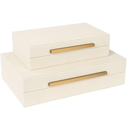Beige Shagreen Decorative Storage Boxes – Set of 2 Faux Leather Jewelry & Memory Boxes with Gold Metal Handles, Nesting Photo Organizers for Home Decor, Gift, and Office Organization - color: Beige+Gold Handles, size: 2 pack