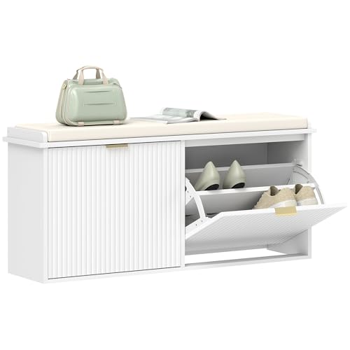 HOMCOM Shoe Bench with Padded Seat Cushion and 2 Flip-Drawers, Entryway Bench Holds up to 529lb, Shoe Cabinet, 40.9x10.2x18.7 Inches, White - color: White, size: 40.9" x 10.2" x 18.7"