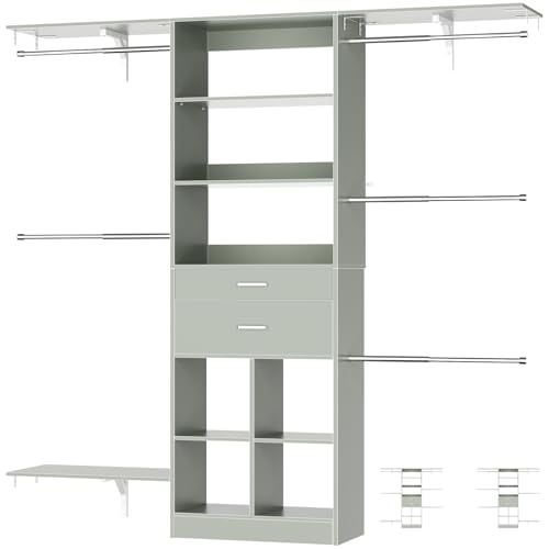 Small Closet System - 5FT Closet Organizer System with Wooden Drawers, 60 Inches Walk In Closet System With 5 Hanging Rods, Can Fit 1.58 to 6.8 FT with Reversible Hanging Shelving, Crab Green - color: Crab Green, size: 5FT