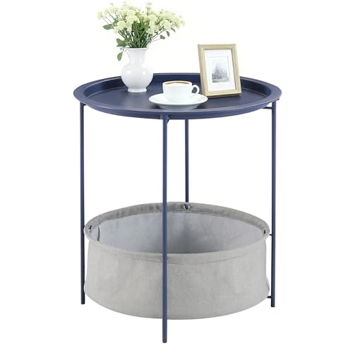 VECELO Round Side/End Table with Fabric Storage Basket，Metal Anti-Rust and Waterproof Small Bedside Nightstand with Removable Tray Top for Living Room，Balcony & Laundry，Blue /1pcs with Basket - color: Blue, size: 1 PCS