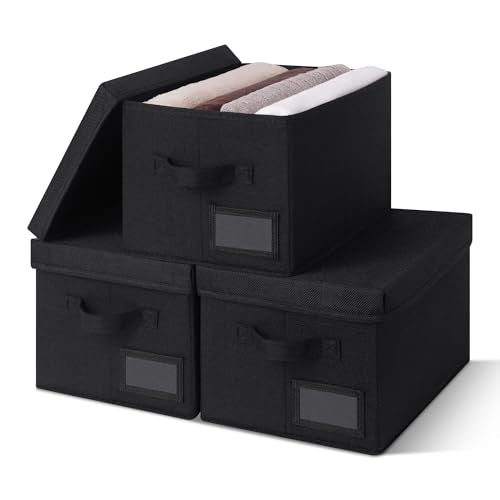 GRANNY SAYS Storage Bins with Lids, Linen Storage Bins for Shelves, Decorative Storage Boxes, Clothes Storage and Organization, Storage Boxes for Organizing, 3-Pack, Black - color: Black, size: Medium
