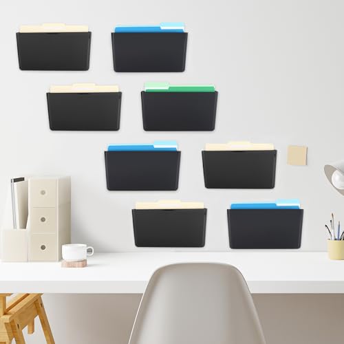 EASEPRES 8 Pack Black Plastic Single Pocket Hanging File Organizer, Wall Mount Paper Mails Magazines Holder, Mounted Folder Bins for Office School and Home, 12.99x4.13x7.48 inches - color: Black, size: 8 Pack