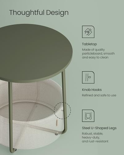 VASAGLE LILEA Collection - Small Round Side End Table, Modern Nightstand with Fabric Basket, Forest Green and Cream White ULET223C80 - color: Forest Green + Cream White, size: Round + 1 pack