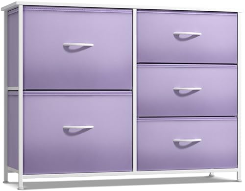 Sorbus Kids Dresser with 5 Drawers - Storage Chest Organizer Unit with Steel Frame, Wood Top & Handles, Tie-dye Fabric Bins for Clothes - Wide Furniture for Bedroom Hallway Kids Room Nursery & Closet - color: Purple, style: 5-Drawer