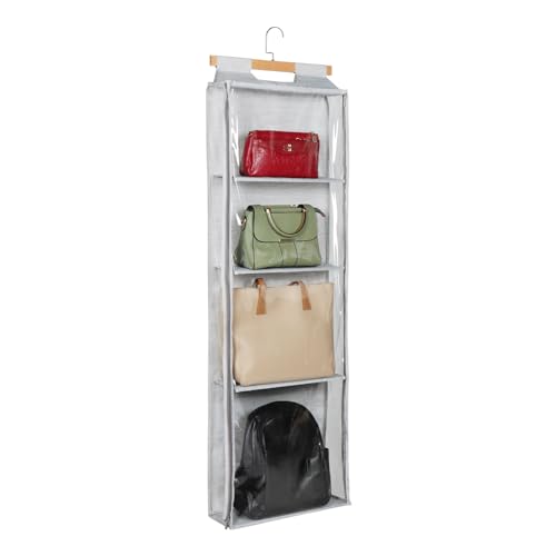 Syeeiex Hanging Handbag Purse Organizer with Zippers, Clear Slubbed Fabric+PVC Hanging Closet Bag Organizer, 4 Mesh Shelves,Dustproof Handbag Closet Tote Storage Bag for Door, Wardrobe, Shelf Rack - color: Grey-4 Shelves