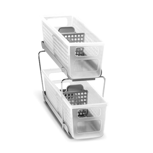 Madesmart 2-Tier Plastic Mini Multipurpose Organizer with Divided Slide-Out Storage Bins, Compact Under Sink and Cabinet Organizer Rack, Frost