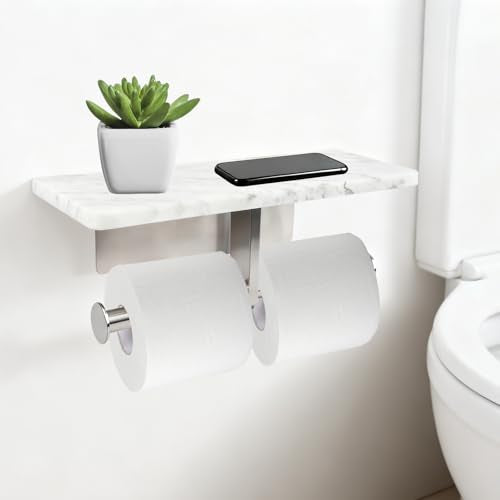 Toilet Paper Holder with Natural Marble Shelf for Bathroom Washroom,Wall Mounted Tissue Holder Suitable for Mega Roll (Brushed Nickel, Large 11.8 * 4.7) - color: Brushed Nickel, size: Large 11.8 * 4.7 in