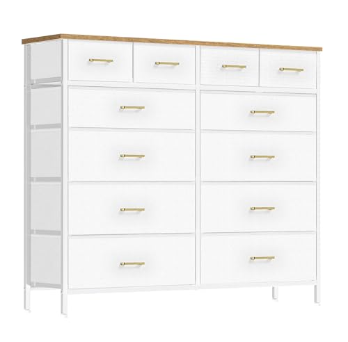 VASICAR White Dresser for Bedroom with 12 Deep Drawers, Wide Chest of Drawers, 55" TV Stand with Retro Wood Top, Tall Fabric Dresser for Closet, Nursery - color: White-retro Top