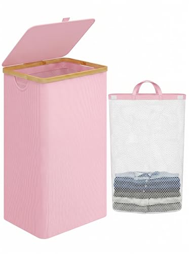 iEGrow Laundry Hamper with Lid, 110L Large Laundry Basket with Handle and Lid, Collapsible Clothes Basket Organizer with Removable Inner Bag for Clothes Towels,Pink - color: Pink, size: 110L