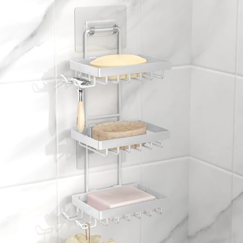 Moforoco 3-Tier White Soap Bar Holder for Shower, No Drilling, 304 Stainless Steel, Wall Mounted Soap Holder with 4 Hooks and Razor Holder, Shower Rack Soap Tray Bar Soap for Bathroom Accessories - color: White, size: 3-T