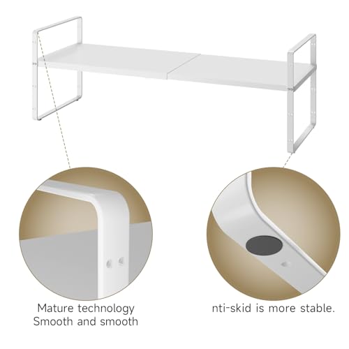 16.5~27.1" Expandable Shelf Organizer, 2Pack 8.1" Wide Stackable Cabinet Shelf Organizers, White Metal Sturdy Kitchen Counter Storage for Countertop, Adjustable Height Spice Rack - color: White, size: 2Pack-8''W-Holeless