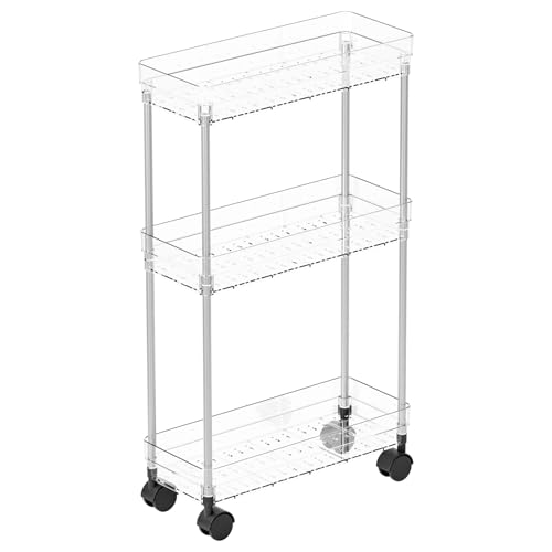 Yieach Clear 3 Tier Slim Rolling Storage Cart with Wheels,6.3″W Thin Shelf,Bathroom Storage Cabinet,Skinny Laundry Cart,Narrow Laundry Room Cart Between Washer and Dryer,Skinny Shelves for Small Space - style: 3 Tier