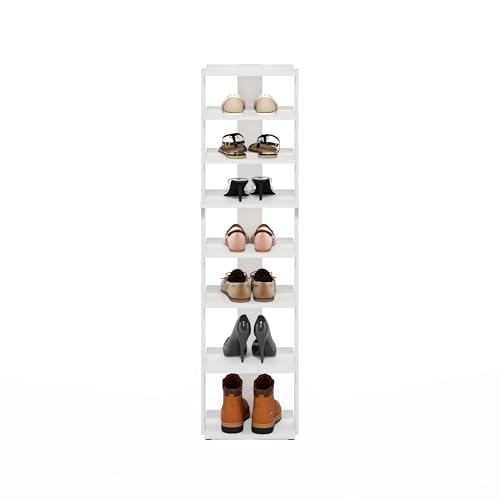 Furinno Compact Vertical Shoe Rack, 8-Tier Narrow Shoe Organizer, Free Standing Shoe Storage, Shoe Shelf for Boots, Sneakers, 12 x 12.6 x 46.7, for Closet, Entryway, Office, Garage, White - color: White, size: 8-tier, 46.7 Inch