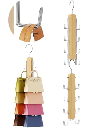 NiHome Wooden Purse Organizer for Closet, 8 Extra-Wide Metal Hooks Handbag Hanger, Space-Saving Hanging Bag Holder & Purse Rack for Closet Organization (Natural, 2 Pack) - color: Natural, size: 2 Pack