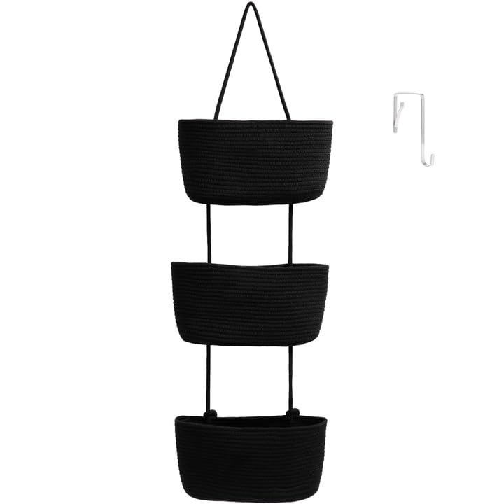 TeoKJ Over the Door Hanging Basket, 3-Tier Woven Cotton Wall-Mounted Storage Organizer Bag Decorative Hanging Nursery Baskets, Black - color: Black