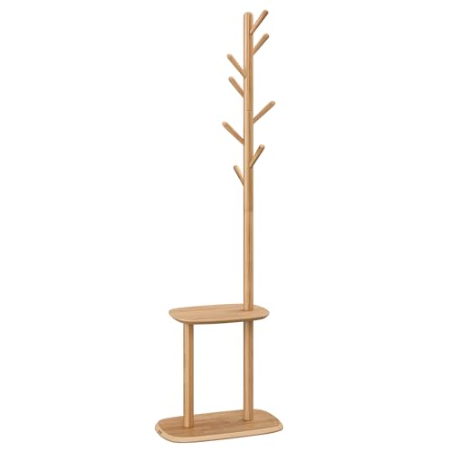 VASAGLE Coat Rack, Free Standing Coat Stand, Hall Coat Tree with 8 Hooks and Storage Shelf, 67.2 Inch Tall, for Coats, Hats, Bags, for Entryway, Hallway, Bedroom, Natural Beige URCR040N02 - color: Natural Beige, style: rectangular tray