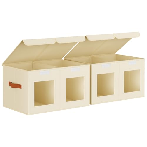 Homsorout Large Closet Storage Bins - Collapsible Divided Clothes Organizer with Lids & Dual Window, Fabric Organizing Bins for Clothes, Sweater, Bedroom, Office (Beige, 2 Pack) - color: Beige, size: L(2-Pack)