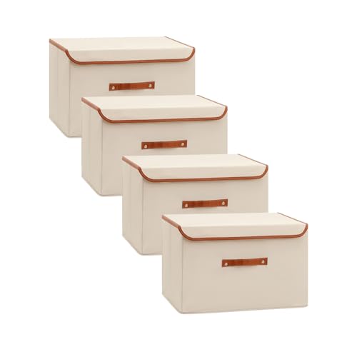 Tuza 4 Pack Large Fabric Storage Bins with Lids, Foldable Storage Boxes with Lids for Organizing, Decorative Storage Boxes with Handles for Home, Bedroom, Closet, Office(Khaki, Large) - color: Khaki, size: 4 Pack - Large