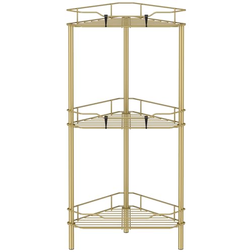 HuggieGems 3 Tier Floor Standing Corner Shower Caddy Organizer Shelf with Hooks, Bathroom Shelves Stand Rack, Gold - color: Gold, size: 3 Tier