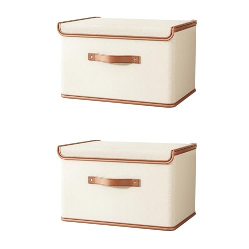 2 PCS Oxford Fabric Storage Bins with Attached Lid - Large Clothes Organizer (44x30x29cm), Breathable Collapsible Closet Bins for Clothing, Seasonal & Dorm Organization, Beige - size: 2PCS