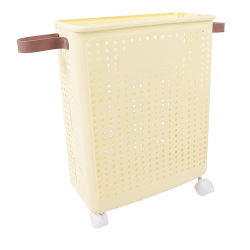 JTLB Slim Laundry Basket Foldable Space Saving Sturdy PP Plastic Narrow Clothes Hamper for Bathroom Corner Cream White (with Wheels) - color: With Wheels