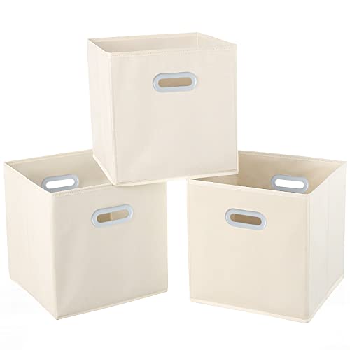 Fabric Cloth Storage Bins,Fabric Cube Organizer with Dual Handles Foldable Cube Storage Baskets for Home Bedroom Storage,Set of 3, Creamy-White - color: Creamy-white, size: 3 Pack