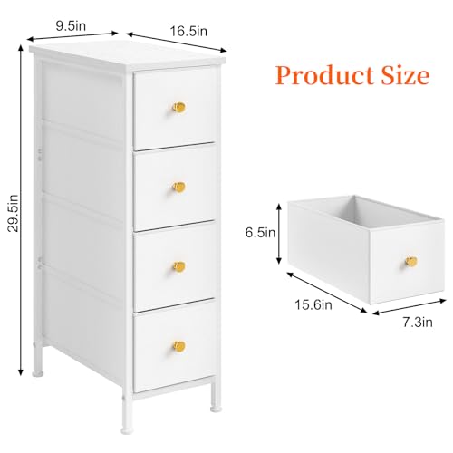 Fixwal Narrow Storage Cabinet, Narrow Nightstand Dresser with 4 Drawers, Slim Fabric Dresser Storage Tower for Small Spaces, White Dresser, for Bedroom, Bathroom, Laundry, Closet - color: White