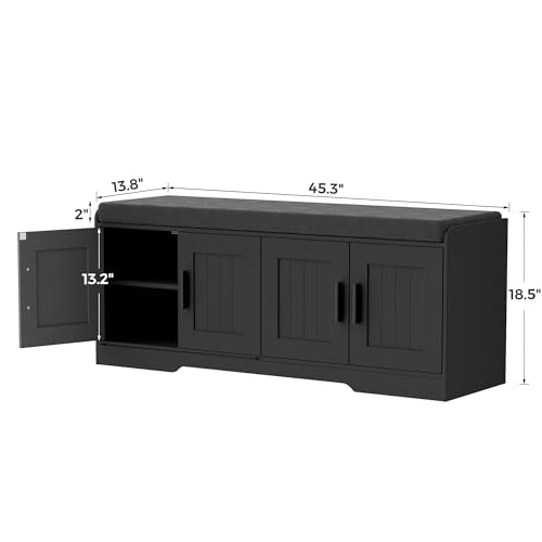 Homleke 2-Tier Storage Bench, Shoe Bench with Thickened Padded Seat Cushion, Entryway Bench with 4 Doors, Adjustable Shelf, 13.8" D x 45.3" W x 18.5" H, for Entryway, Living Room, Bedroom, Black - color: Black, size: 45.3"